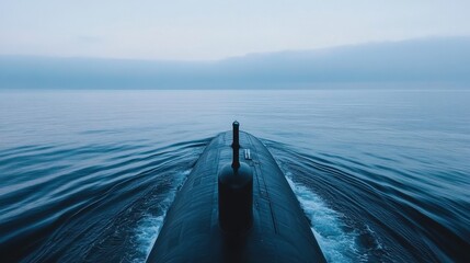 Submarine periscope emerging from calm ocean waters during early morning soft light