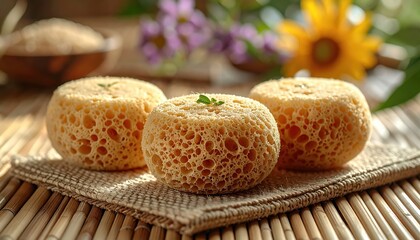 Three natural loofah sponges with subtle earth tones artfully arranged for spa and bath.