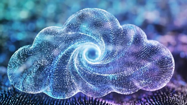 Digital cloud shape glows with swirling particles, representing modern cloud computing and data storage.