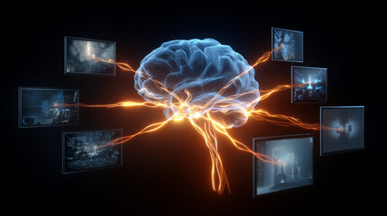 Brain with glowing connections to multiple screens displaying various images