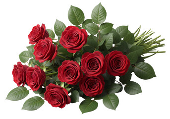 Obraz premium Vibrant bouquet of deep red roses with lush green leaves on black background