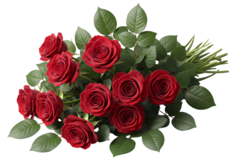 Vibrant bouquet of deep red roses with lush green leaves on black background