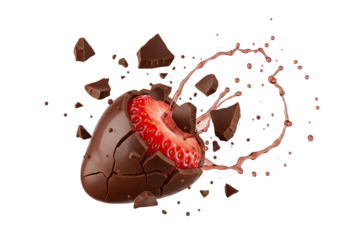 Delicious chocolate heart breaking open with fresh strawberry