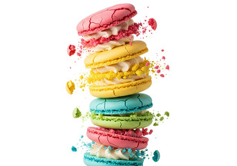 Vibrant macarons stacked high with colorful crumbs exploding around them