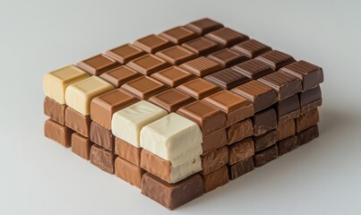 Square block of assorted chocolate pieces stacked dessert sweet treats