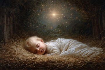 Peaceful newborn baby sleeping in straw manger with soft glowing light, serene nativity inspired scene conveying warmth, hope and quiet spiritual atmosphere
