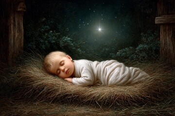 Peaceful newborn baby sleeping on straw bed at night with soft moonlight, serene nativity inspired scene creating calm spiritual atmosphere and gentle warmth
