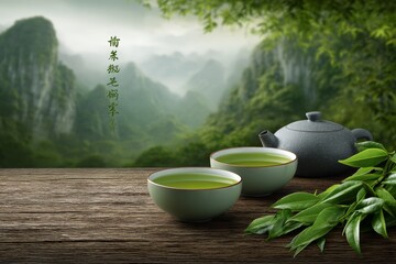 Serene green tea ceremony scene with ceramic teapot and cups on wooden table, peaceful natural setting with lush foliage and soft light for wellness themes
