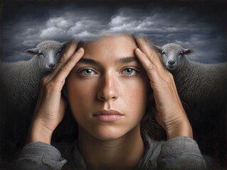 Surreal spiritual portrait of woman with calm expression and symbolic lamb elements, dramatic lighting and mystical atmosphere representing faith and inner reflection
