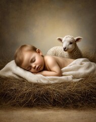 Peaceful nativity scene with sleeping baby and gentle lamb on straw, warm soft lighting and classical religious illustration conveying serenity and faith
