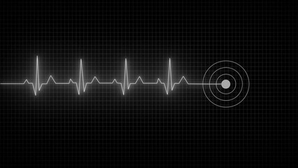 Abstract heartbeat and pulse rate signal technology animation on grid background. Heart beat pulse. Glowing neon blue heart cardiogram line on dark background. Electrocardiogram show heart beat line.