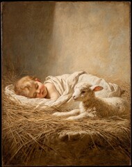Sleeping newborn baby in straw cradle with soft warm light, classic nativity style painting evoking peace, innocence and spiritual Christmas atmosphere
