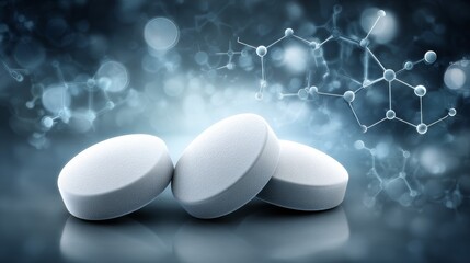 White pharmaceutical tablets on futuristic medical background with molecular structure, clean minimal healthcare concept representing medicine, science and treatment innovation

