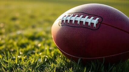 Obraz premium pigskin. American football on green turf field with morning dew and soft natural light. event key visuals, club posters, designed for fitness apps and gym onboarding, boosts motivation.