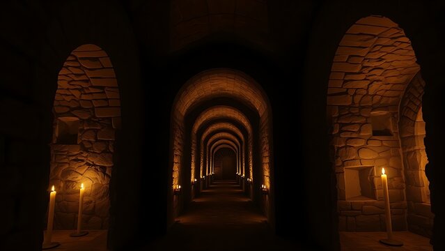 unanimity. A narrow stone corridor with arched niches lit by flickering candles, deep perspective. real-estate listings.