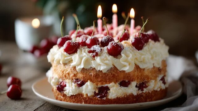 Festive cherry cake with lit candles and powdered sugar dusting perfect celebration dessert
