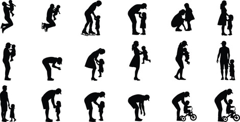 Set of eighteen black vector silhouettes depicting happy family moments with parents and children playing, walking, skating and riding tricycles