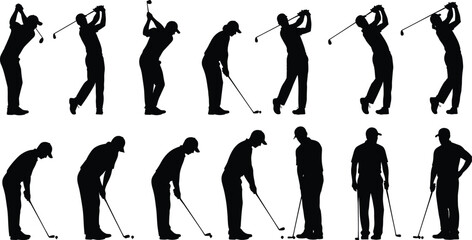 Obraz premium Set of vector black silhouettes of golf players swinging clubs and putting on the green, isolated on white background