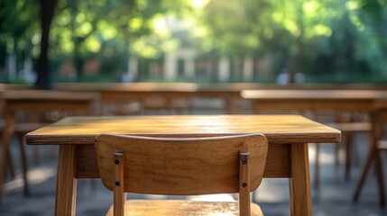 Serene Outdoor Classroom Setting with Wooden Desks and Chairs