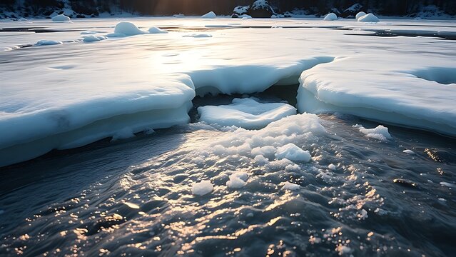 verglas. Landscape of a melting river breaking through ice in morning light. travel magazines, destination branding, designed for outdoor magazines and nature guides, drives exploration.