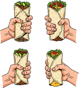 Create a Set of hand holding burritos vector art with white background..