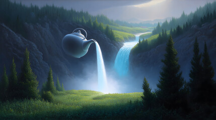 Teapot Waterfall: In a surreal landscape, a teapot pours water into a cascading waterfall, forming a fantasy environment in an evocative art style.