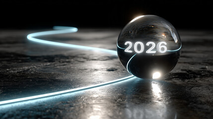  Neon trail from a rolling sphere forming “2026” in a futuristic style.
