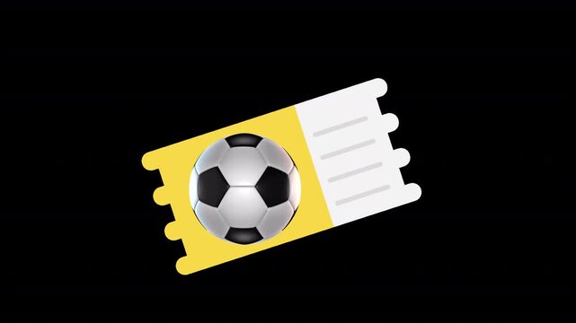 3D football match ticket animation featuring a soccer ball on a stylized yellow ticket icon. Smooth motion on transparent background for event promos, sports apps, booking UI, and broadcasts.