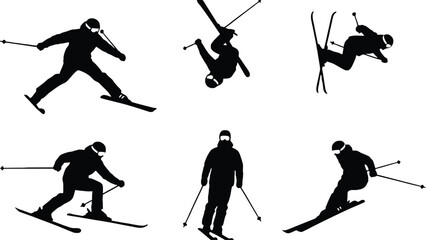 Skier silhouettes in various dynamic poses