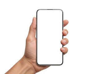 Hand holding smartphone isolated on transparent background