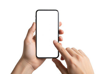 Hands holding smartphone, isolated on transparent background
