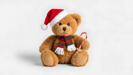 Fototapeta premium Teddy bear dolls wear some Christmas accessories such as Santa's costume, candy cane, and scarf