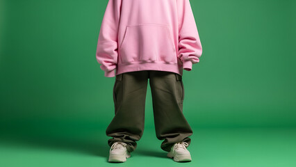 Fototapeta premium Full-body shot of a young person wearing a pink sweatshirt and brown pants standing against a green background with a casual and relaxed mood.