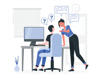 Fototapeta premium Woman talking to man sitting at office desk with computer and question marks above head