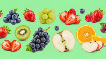 Flat lay of assorted fresh fruits including strawberries, blueberries, grapes, kiwi, apples, and oranges arranged on a mint green background.