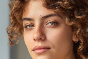 Woman focusing on natural beauty and expressing wellness with clean skin and healthy curly hair