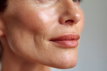 Woman's facial skin with wrinkles, freckles, and makeup representing beauty and aging