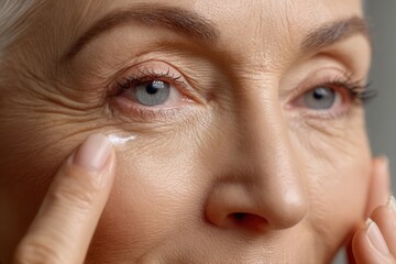 Senior woman applying hydrating eye cream to reduce wrinkles around her eyes