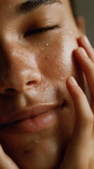 Woman applying skincare product, exfoliating and cleansing her face
