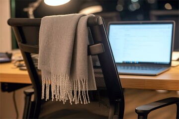 wool scarf on office chair with cozy light. Work in winter