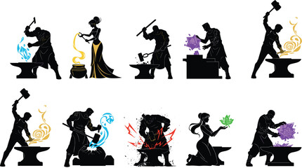 Obraz premium Magical blacksmiths and alchemists forging elemental energy, fantasy crafting silhouettes, glowing crystals, mystical tools, vibrant concept art, enchanted workshop scene