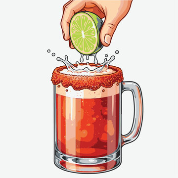 Hand squeezing a fresh lime into a spicy-rimmed Michelada beer mug, creating a refreshing splash.