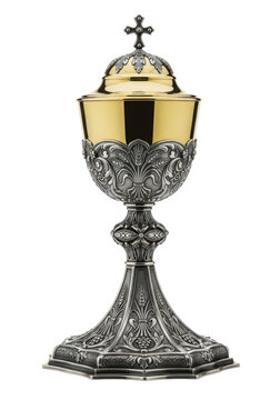 Extremely ornate reflective gold and dark silver ciborium with baroque engraving, isolated on transparent background, macro detail, hard rim light. Concept of sacred historical opulence