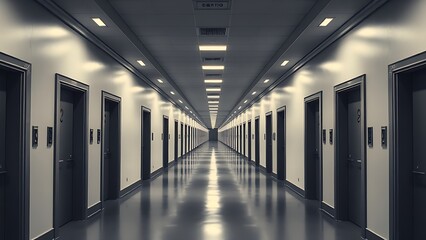 unimpressive. Endless corridor with identical numbered doors, symmetrical architecture. real-estate listings, architecture portfolios, designed for interior renovation comparisons for interiors.