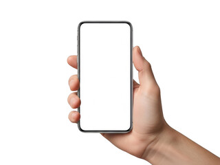 Hand holding smartphone, isolated on transparent background