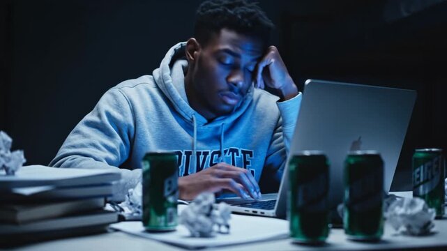 Stressed Student Working Late Night on Laptop with Energy Drinks
