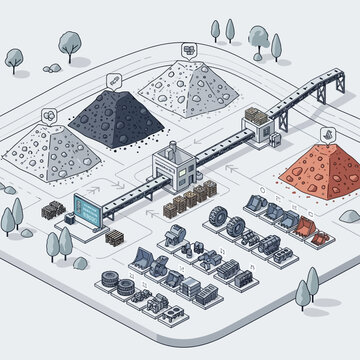 Isometric illustration of a mining and processing plant with various raw materials and finished products.