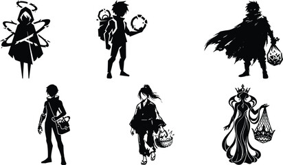 Fototapeta premium Mystical, sci-fi, folklore, and regal character silhouettes, black and white illustration, glowing accessories, fantasy concept art, diverse figure design