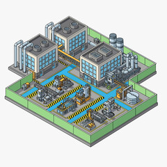 Obraz premium Isometric Industrial Factory Complex with Multiple Buildings and Machinery.