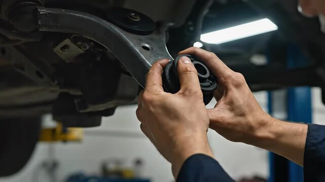 Mechanic installing a suspension bushing on a car control arm. Close-up of hands holding a rubber mount during vehicle maintenance. Auto repair shop service